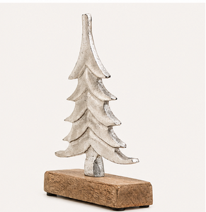 Handcrafted Silver Aluminum Metal Christmas <b>Tree</b> Sculpture On Mango Wood Base Modern Minimalist <b>Tabletop</b> Xmas Decor Centerpiece - Product Image 3