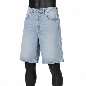 Shorts en jean baggy personnalisés pour hommes, style streetwear, 100 % coton biologique, écologiques, longueur genou, bleu clair, marque privée - Product Image 3