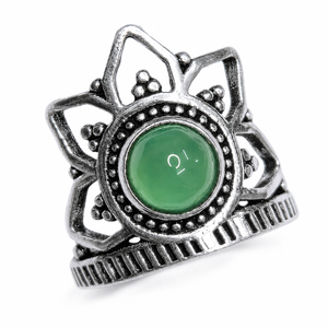 Majestic Lotus Natural Green Onyx <b>Silver</b> Plated Bohemian Style Statement <b>Ring</b> for Women - Product Image 1
