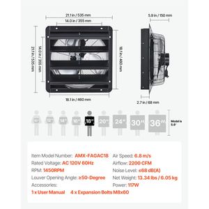 Ventilatore di Scarico da 18 Pollici con Controllo di Velocità Variabile, Montaggio a Parete, 2200 CFM, Motore AC, Acciaio Resistente - Product Image 5