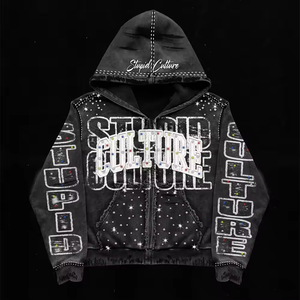 Sweat à capuche zippé surdimensionné en coton molletonné pour homme, style streetwear vintage, avec broderie appliquée, effet vieilli, délavé à l'acide et strass - Product Image 1