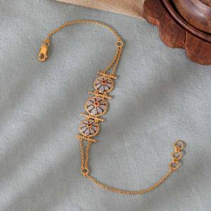 Triple Floral Medallion Diamond <b>Bracelet</b> with Yellow Gold Chain and <b>Red</b> Stone Center Accent Design - Product Image 4