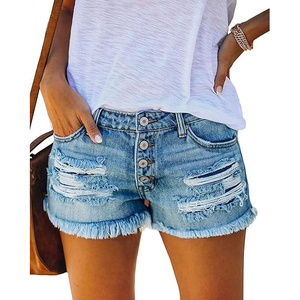 Shorts en jean taille haute avec poches arrière déchirées, ourlet brut, délavage léger et effet vieilli sur les jambes - Product Image 4