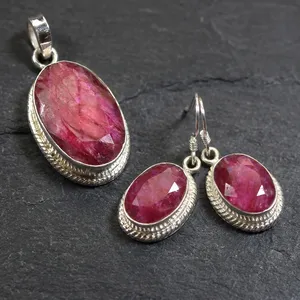 Red Quartz 925 Sterling Silver Pendant Earrings Jewelry Set Handmade Gemstone Design For Women Wholesale Fashion - Product Image 3