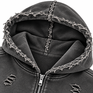 Sudadera con capucha corta unisex negra lavada y desgastada con pedrería, estilo urbano, rasgada, 100% algodón, para invierno - Product Image 6