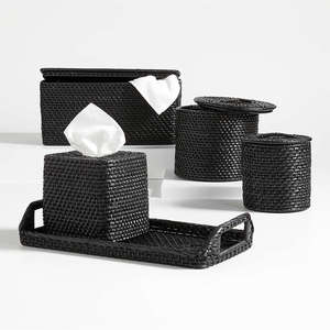 Modern Handmade <b>Black</b> Rattan <b>Bathroom</b> <b>Accessory</b> <b>Set</b> Tissue Box Covers Round Canisters & Tray Suitable for Home & Hotel Decor - Product Image 1