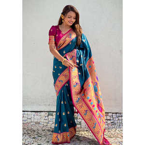 Sari de seda Chandrakor azul denim Elite Weaves con tejido Zari y Paithani de contraste Swan Yeola, elástico, para fiestas y bodas, 0.65g - Product Image 4