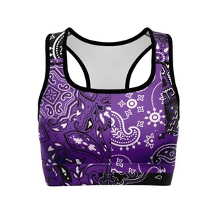 Sujetador deportivo para mujer con estampado de cachemira morado, espalda cruzada, soporte medio, cuello cuadrado, transpirable, top de fitness de elastano y poliéster - Product Image 4