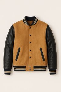 Men's Brown <b>Suede</b> Varsity <b>Jacket</b> With Black Leather Sleeves Turn-down Collar Button Closure Casual Autumn Wear - Product Image 4