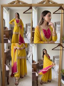 Conjunto de Salwar Kameez amarillo bordado con dupatta rosa, vestido tradicional indio pakistaní para bodas y fiestas, corte holgado para mujer - Product Image 3