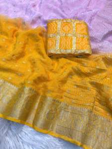 Sari en viscose chinnon rembourré pour femme, avec blouse contrastante Bandhani, idéal pour les fêtes, infroissable, séchage rapide, meilleure combinaison de couleurs, toutes les tailles. - Product Image 3