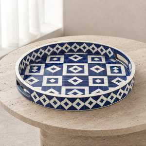 Plateau de rangement rond en os incrusté, style patrimoine, avec incrustation florale artisanale, pour cosmétiques, bijoux et intérieur élégant - Product Image 1