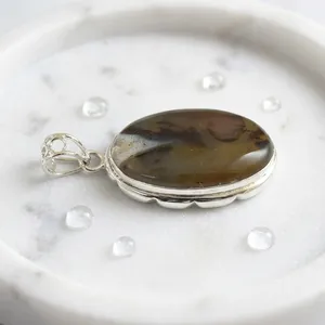 Pendentif en argent sterling 925 avec agate du Montana, ovale, pierre précieuse brune, fait main, style vintage, bijoux en gros, artisan indien - Product Image 4