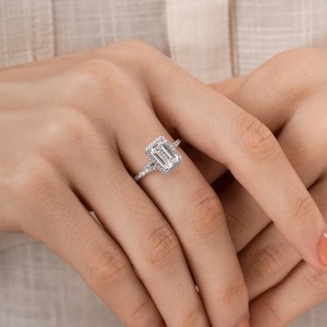 925 Sterling <b>Silver</b> <b>Emerald</b> Cut Lab Diamond Halo <b>Ring</b> Women Bridal Jewelry - Product Image 2