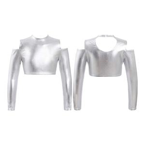 4-14 ילדים בנות שרוולים ארוכים יבול מתכתי העליון לריקוד הבמה ריקוד התעמלות כושר החלקה - Product Image 1