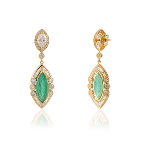 Explora los Aretes Colgantes de Esmeralda y Diamantes Naturales al 100% en Forma de Marquesa para Mujer, Joyería de Oro Amarillo de 14K - Product Image 5
