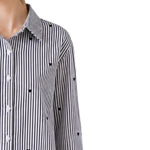 <b>Black</b> <b>White</b> <b>Striped</b> Women Button Down Shirt <b>Long</b> <b>Sleeve</b> Cotton Casual Blouse Heart Embroidery Oversized Loose Fit Fashion <b>Top</b> - Product Image 4