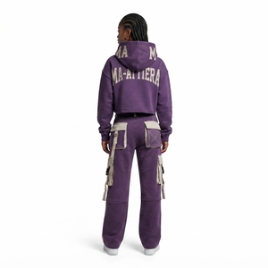 Custom <b>Women</b> <b>Purple</b> Cropped Hoodie Cargo Jogger Set Cotton Fleece Streetwear <b>Tracksuit</b> OEM Wholesale - Product Image 2