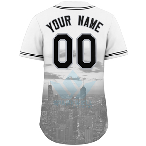 Maillot de baseball blanc personnalisé pour homme, imprimé sublimation paysage urbain, manches courtes, respirant, antibactérien, en polyester, avec nom du joueur - Product Image 3