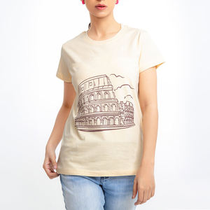Camiseta de Manga Corta con Cuello Redondo Color Crema para Mujer, con Estampado del Coliseo, Corte Regular, Algodón Jersey, Ropa Casual de Primavera/Verano - Product Image 1
