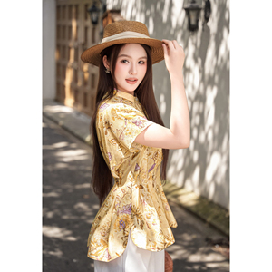 Blusa de Lino y Viscosa Transpirable para Mujer, Estilo Peplum con Estampado Floral, Cuello Mandarín, Manga Corta, Ropa Casual de Verano VENUS - Product Image 2