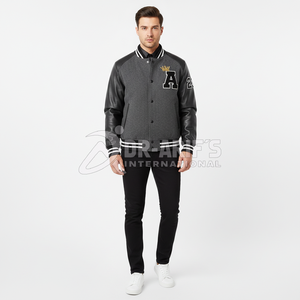 Veste universitaire pour homme, manches en cuir, corps gris, logo brodé, numéro 23, style streetwear, col montant, coupe classique, hiver - Product Image 5