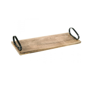 Plateau de service sophistiqué en bois et en fer avec un motif texturé moderne et des poignées en fer durables - Product Image 1