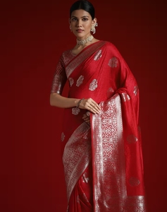 KV Women's Traditional Satin Silk Party Saree <b>Red</b> Woven Designer with Unstitched <b>Blouse</b> Wrinkle Free Reversible - Product Image 3