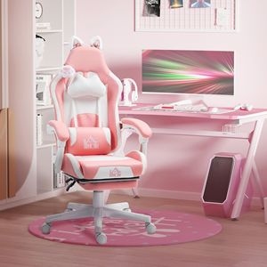 Sedia da gaming regolabile in altezza con poggiapiedi girevole, poggiatesta e supporto lombare in similpelle rosa - Product Image 2