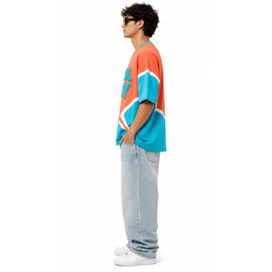 Camiseta de Manga Corta Oversize para Hombre Cool Boy, Diseño Casual con Estampado en Contraste Naranja y Azul, Cuello Redondo, Tejido con Relieve - Product Image 5