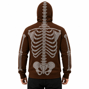 Men’s Brown Skeleton Rhinestone Hoodie with Full Zip Balaclava Mask, Crystal Skull Bone Pattern <b>Gothic</b> Hip Hop Streetwear <b>Jacket</b> - Product Image 4