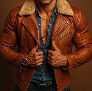 เสื้อแจ็คเก็ตหนังผู้ชายสไตล์วินเทจสีน้ำตาล แต่งปกเชอร์ปา กันลม สำหรับขี่มอเตอร์ไซค์ในฤดูหนาว - Product Image 2