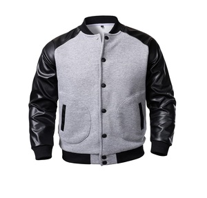 Veste universitaire homme gris et noir avec manches en cuir PU, col rabattu, simple boutonnage, style décontracté pour l'automne - Product Image 1