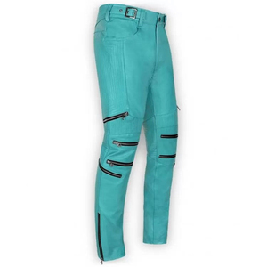Pantalon de motard turquoise pour homme, taille haute, coupe droite, avec fausses fermetures éclair, en polyester mi-lourd, idéal pour l'été - Product Image 3