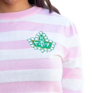 Pull brodé personnalisé pour femme, rayé rose et blanc, avec motif de crête verte, col rond, manches trois quarts, haut décontracté et tendance - Product Image 2