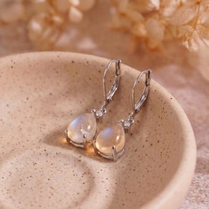 Rainbow Moonstone Flashed Blue Fire Solid 925 Sterling <b>Silver</b> Gold Plated Handmade Fine <b>Stud</b> <b>Earrings</b> hanging for Anniversary - Product Image 2