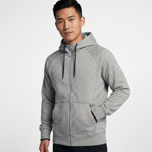 Men's Gray Full <b>Zip</b> <b>Hooded</b> Sweatshirt Raglan Sleeve Casual Solid Color French Terry Regular Fit Autumn Wear - Product Image 2