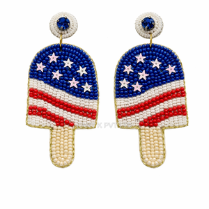 Boucles d'oreilles pendantes artisanales en forme de cornet de crème glacée, perlées rouge, bleu et blanc, boucles d'oreilles patriotiques perlées, boucles d'oreilles faites à la main en perles de rocaille - Product Image 6