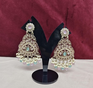 Traditional Antique <b>Gold</b> Plated Kundan Chandbali <b>Earrings</b> Red Gemstone Oversized Statement <b>Dangle</b> <b>Earrings</b> with pearl bead - Product Image 1