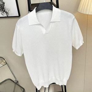 Camiseta con Logotipo Personalizado, Algodón Jacquard, Punto Piña, Corte Ajustado, Patrón Sólido, Suéter Tejido, OEM, Texturizado, para Hombre - Product Image 3