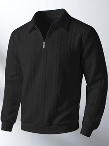 Pull en maille torsadée texturée pour homme, col zippé, avec poignets côtelés, chaud et élégant pour l'hiver - Product Image 2