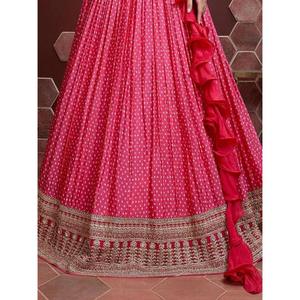 Lehenga choli นักออกแบบผ้าไหมคางพิมพ์ดิจิตอลสีชมพูตามอำเภอใจ - Product Image 1