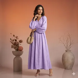 Elegant Lavender Soldi Plain Cotton Maxi <b>Dress</b> With V-Neck Puff Sleeve <b>Loose</b> Fit Boho Style Summer Casual <b>Dress</b> For Women - Product Image 1