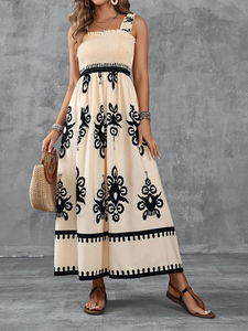Bohemian Ethnic Print Shirred Bust Maxi Dress Elegant A-Line Sleeveless Square Neck Casual Wear Embroidery <b>Sundress</b> - Product Image 5
