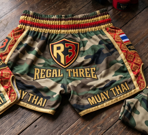 Pantalones Cortos de Muay Thai Regal Three, Camuflaje con Detalles Dorados, Impresión por Sublimación, 100% Poliéster, Ropa de Artes Marciales - Product Image 1