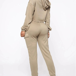 Conjunto Deportivo de 2 Piezas para Mujer, Top Corto con Capucha de Forro Polar y Pantalones con Cordón, Color Sólido, Ropa Casual para Todas las Temporadas - Product Image 2