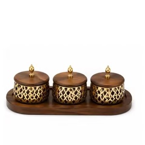 Solid Wood Trio Covered Canister Set Wrought Iron Leaf Basket Stand <b>Tabletop</b> Food Presentation Container Arabic Dates Bowls - Product Image 2