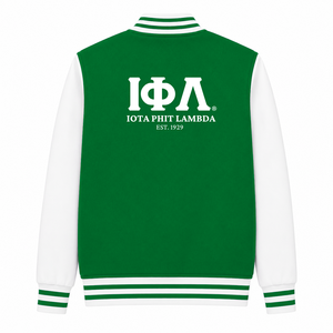 Custom Iota Phi Lambda Sorority Varsity <b>Jacket</b> green and <b>white</b> Full Sleeve Zipper Front banded Collar Embroidered Logo cotton - Product Image 3