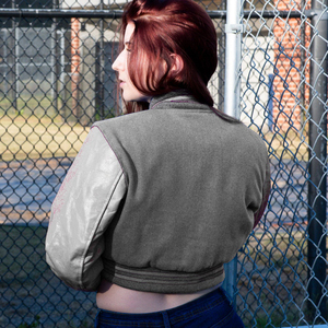 Womens Varsity Crop <b>Jacket</b> Grey <b>Silver</b> Letterman Style Bomber Coat Faux Leather Sleeves Casual Outerwear Ladies Fashion Street - Product Image 5