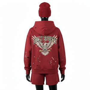 ชุดเซ็ตฮู้ดดี้และกางเกงขาสั้นผ้าฝ้ายผสมขนแกะสีแดงเลือดหมูพิมพ์ลายโลโก้ตามสั่งสำหรับผู้หญิง ผ้าฝ้าย 100% - Product Image 2